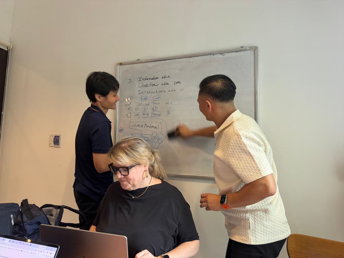 An engineer and a guest mapping a workflow on the whiteboard, the team beside them